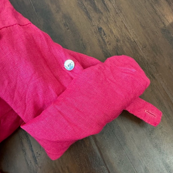ITALY MADE 100% Linen Roll-Tab Sleeve Gauze Button-Up Shirt in Hot Pink - Picture 9 of 12